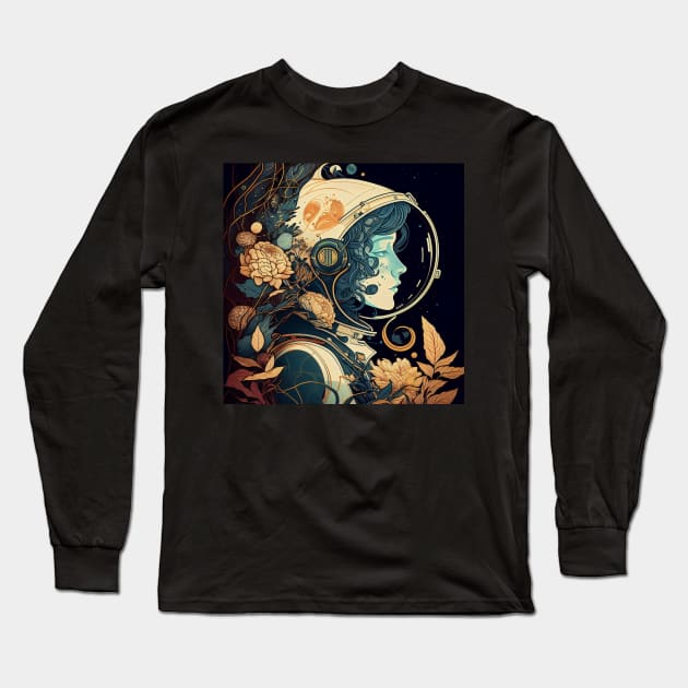 Female Astronaut Vintage Art Nouveau Alphonse Mucha Style Long Sleeve T-Shirt by entwithanaxe